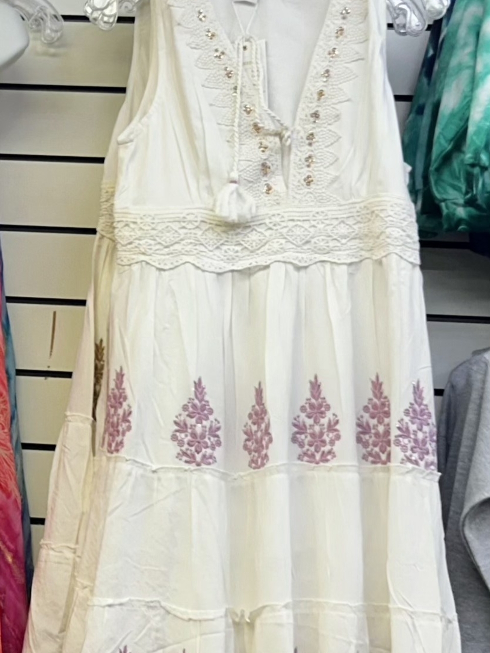 White Ananta bohemian midi dress  purple floral embroidery and tassel